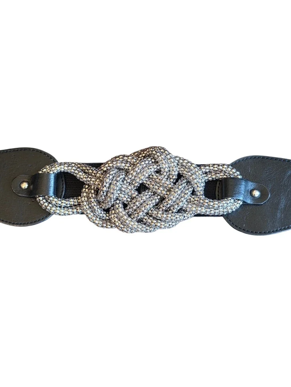 Vintage Black Stretch Belt With Silver Toned Twisted Metallic Knot Size Small